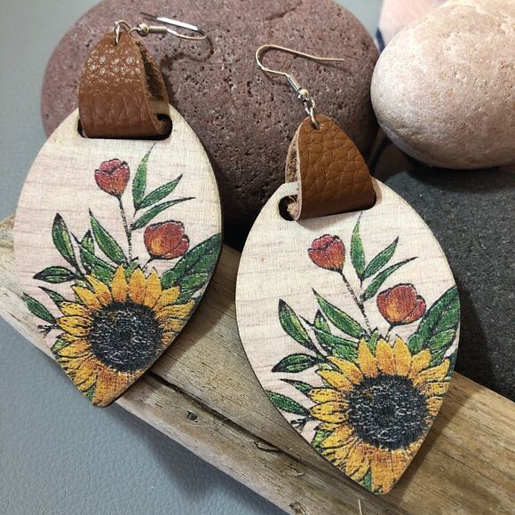 Rustic Wood & Leather Earrings – Sunflower Statement Drop Earrings - Picture 1 of 5